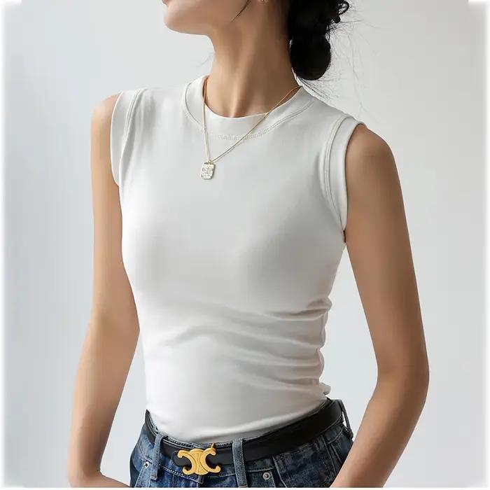 Camisole gilet pour femmes coton col rond coloré basique sans manches maillot de corps hauts t-shirt
