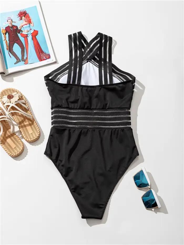 Maillot de bain une pièce sexy avec bande en maille unie pour femmes, col haut, croisé, rembourré, vêtement de plage élégant pour femmes occasions spéciales