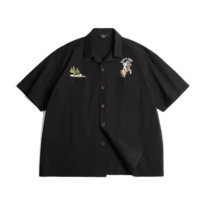 Chemise Maden pour homme, style rétro, col cubain, en coton noir, manches courtes, broderie, chemise