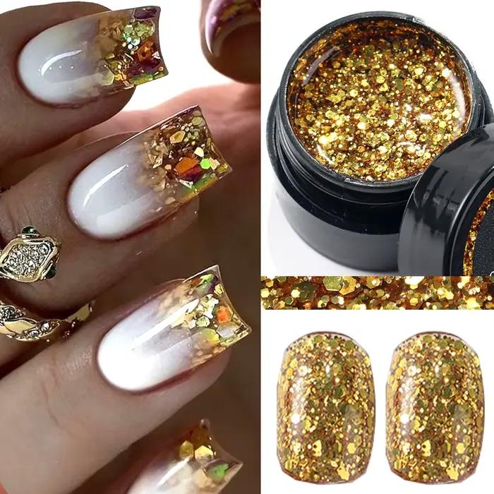 Vernis à ongles réfléchissant à paillettes Champagne or, Gel UV scintillant pour ongles, paillettes