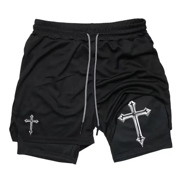 Short d'entraînement 2 en 1 imprimé croisé avec doublure de compression pour homme, short athlétique
