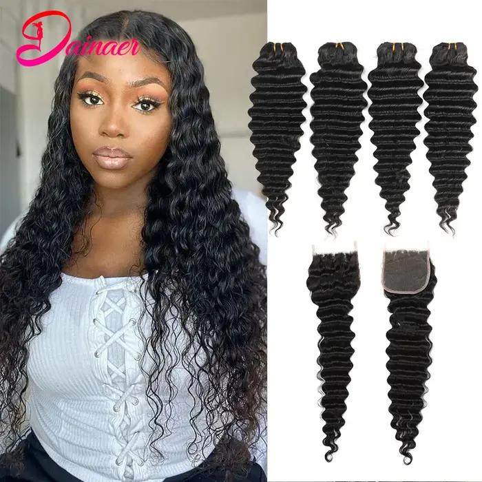Tissage en Lot Brésilien Naturel Deep Wave avec Closure, 4x4