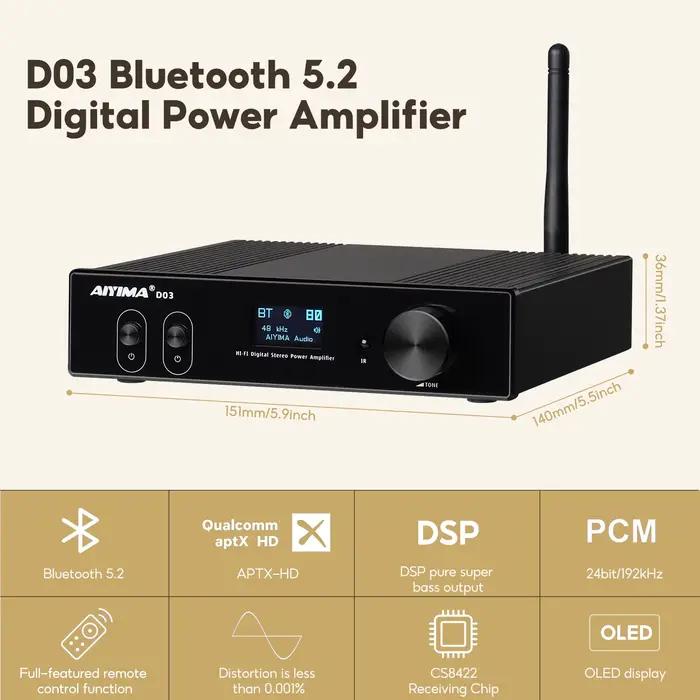 Amplificateur Bluetooth AIYIMA D03 150Wx2 Stéréo HiFi Amplificateur de son Subwoofer USB DAC OLED AP