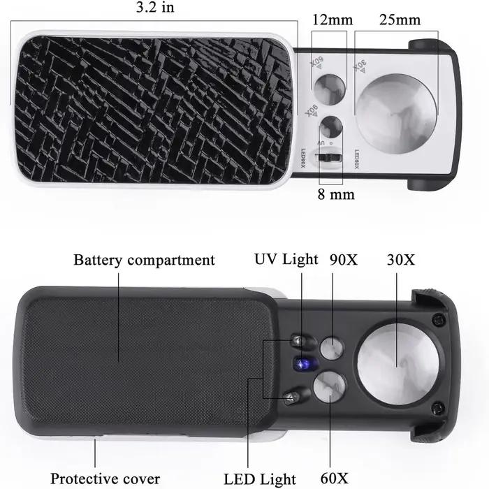Loupe de bijoux avec lumière UV LED 30X 60X 90X, Loupe oculaire de bijoutier pliable pour pierres pr