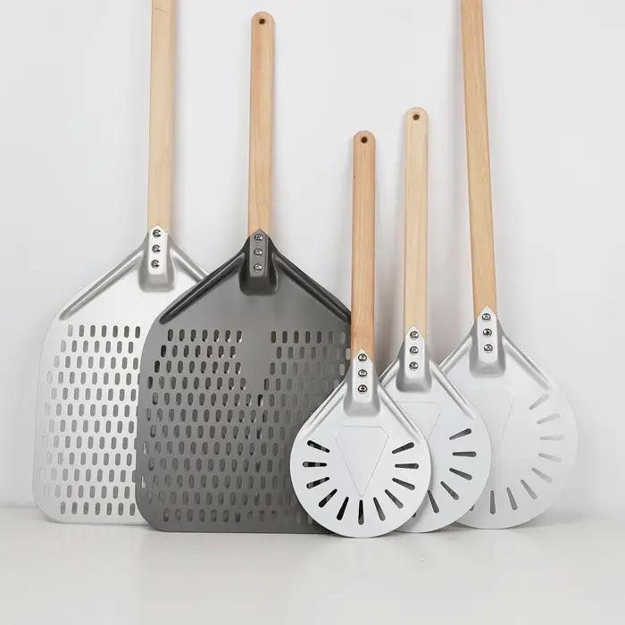 SHANGPEFATE-Pelle à Pizza Perforée UAN avec Manche en Bois Tournant, Spatules Courtes Anodisées, Out