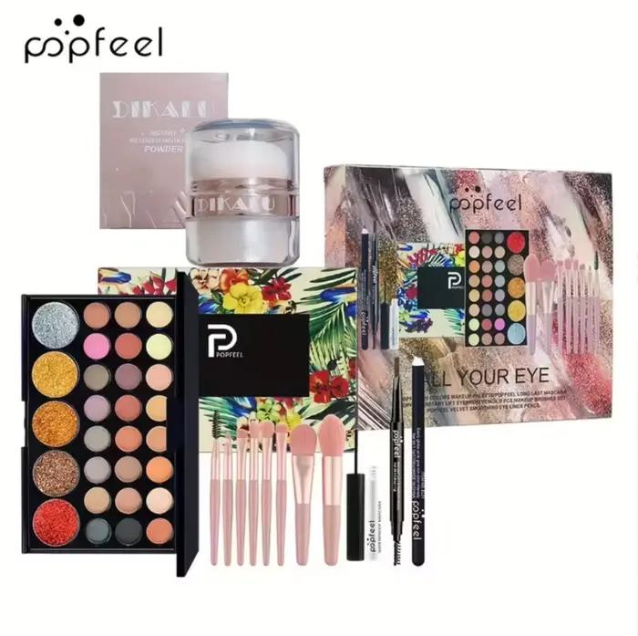 POPFEEL Kit de maquillage complet tout-en-un avec pinceau + illuminateur pour le visage - Ensemble d