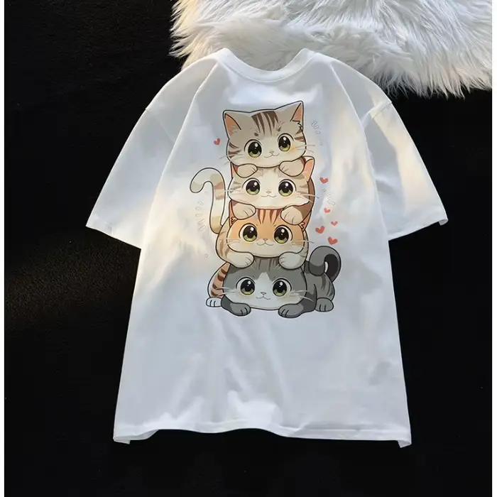 T-shirt manches courtes col rond femme, décontracté, ample et polyvalent, imprimé chat de dessin ani