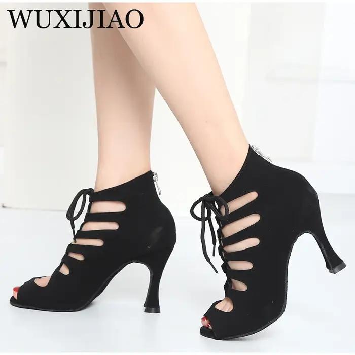 Chaussures de danse latine noires femmes Tango Salsa Rumba salle de bal bottes de danse en Satin fem