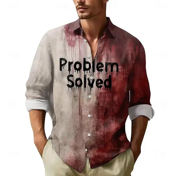 2025 Halloween hommes lettre imprimée taches de sang chemise boutonnée chemise à manches longues fon