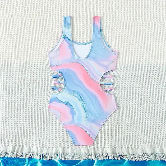 Maillot de bain une pièce tie-dye bleu pour enfants adolescents design nouveau 5 à 15 ans