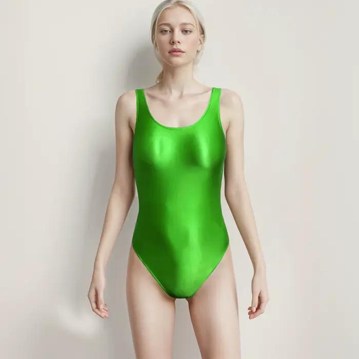 Maillot de bain une pièce masqué, sexy, serré, haute élasticité, huileux, brillant, couleur unie, en