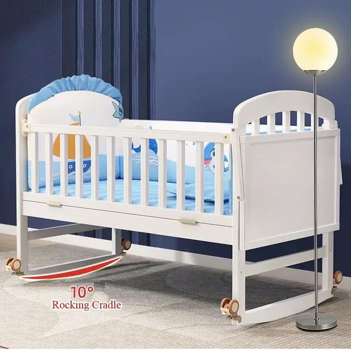 Ensemble complet de berceau de bébé en bois blanc : comprend moustiquaire, literie et matelas en lat