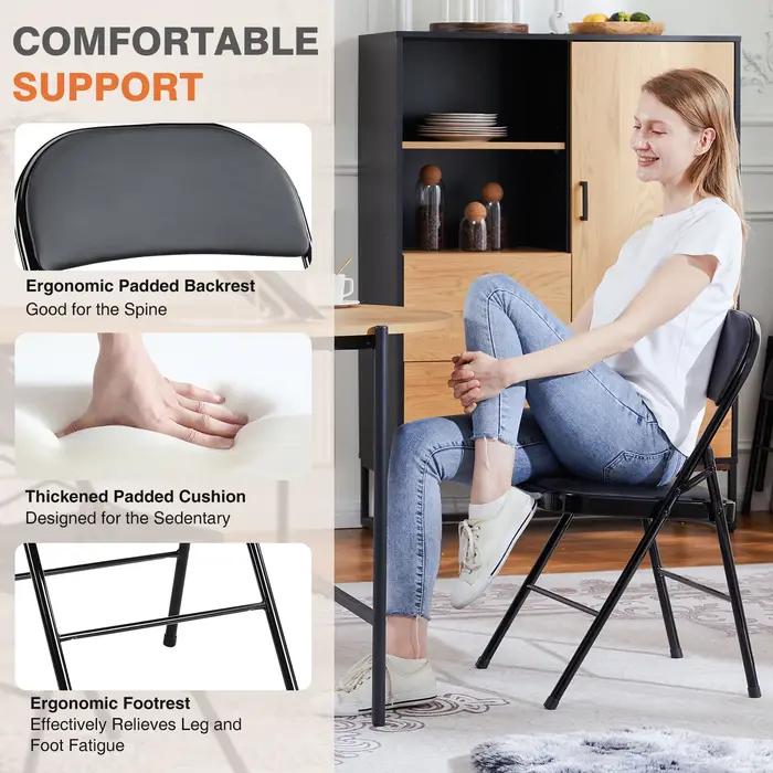 JIAN-Lot de 4 chaises pliantes rembourrées en cuir, en métal robuste, facile à utiliser, rangement,