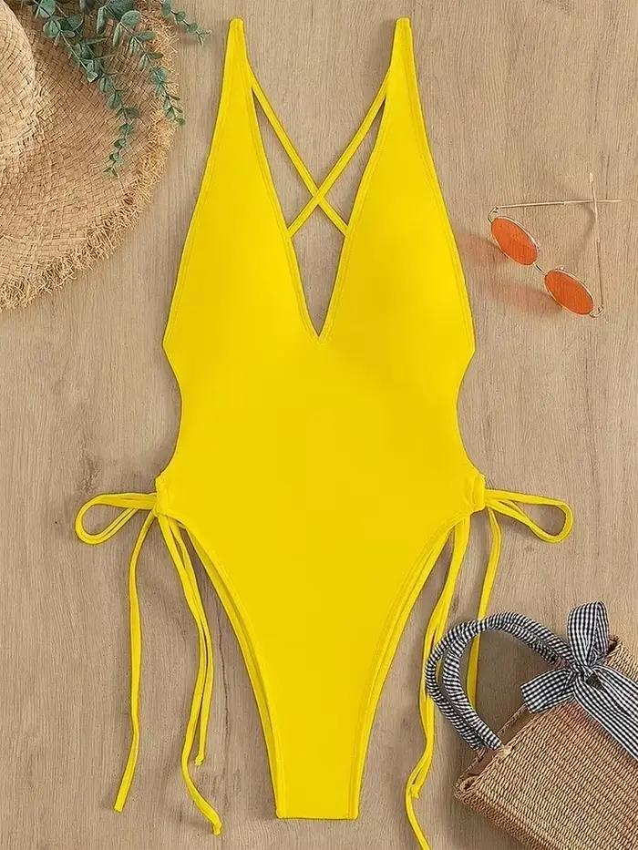 Maillot de bain une pièce femme sexy push-up - Body solide à lacets effet galbant plage