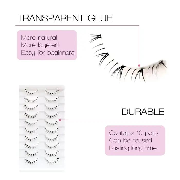 10 paires de cils inférieurs Manga, bande transparente, vaporeux, petite flamme sous les yeux, maqui