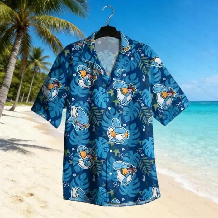 Chemise hawaïenne Psyduck, chemise boutonnée tropicale verte, tenue de plage d'été amusante unisexe,