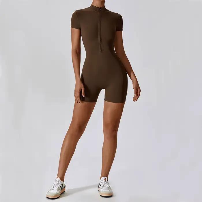 Combinaison de Yoga d'été à manches courtes avec fermeture éclair, tenue de sport, Fitness, body pou