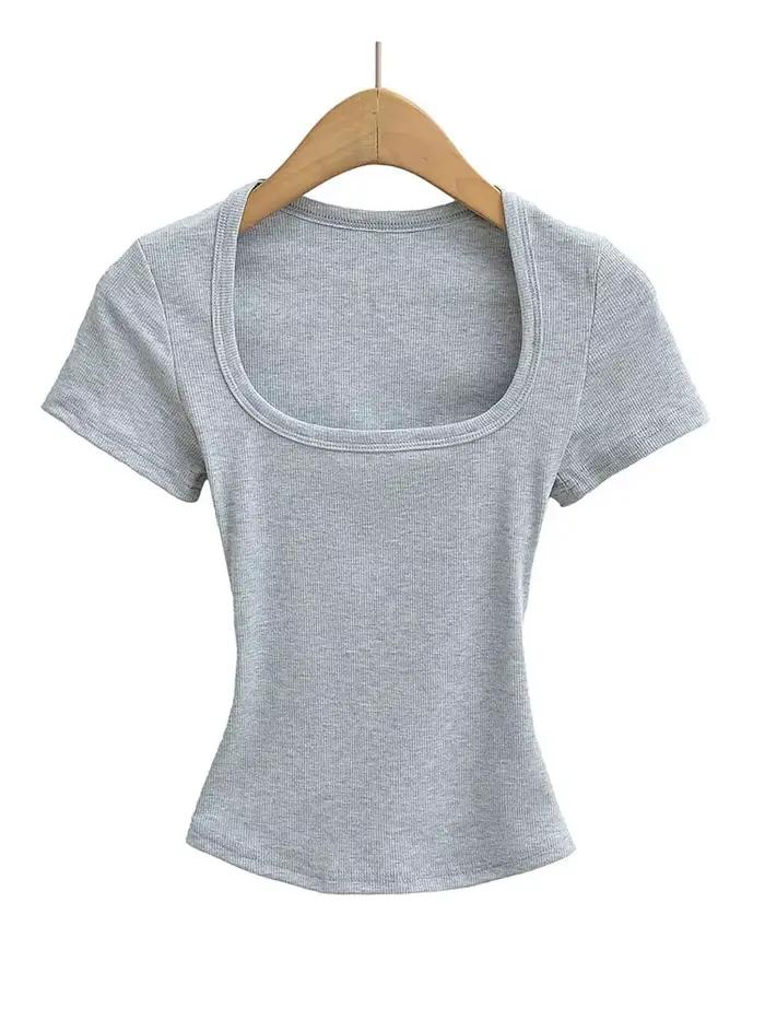 Haut court à col carré pour femmes, coupe cintrée, pull à manches courtes, très extensible, chemisie
