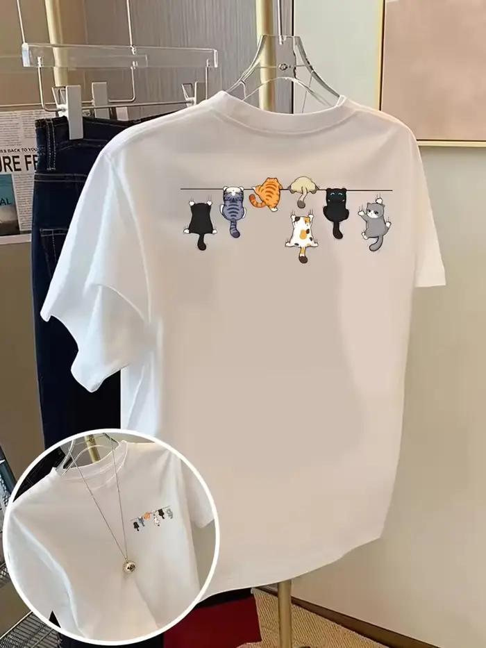 Cat Rope, T-shirt à imprimé chats de dessin animé, manches courtes, col rond, haut décontracté pour