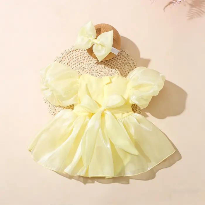 Nouvelle Collection Été : Robe en Tulle à Manches Bouffantes pour Nouveau-né avec Bandeau, Barboteus