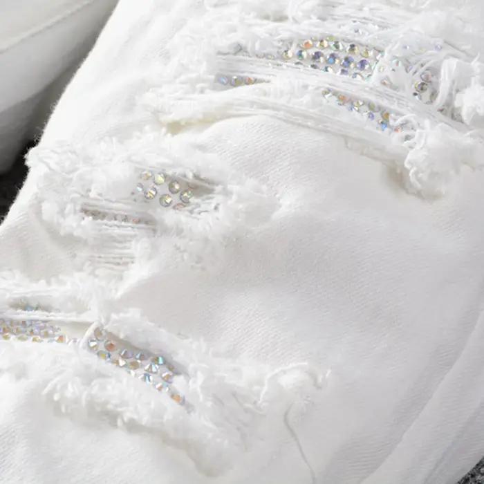 Sokotoo hommes trous de cristal blanc déchiré jean mode mince maigre strass Stretch Denim pantalon