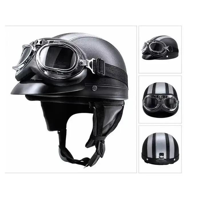 Casque de moto semi-ouvert rétro casque de moto et visière lunettes UV moto cross-country moto demi-