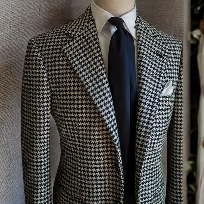 Blazer d'affaires pied-de-poule pour hommes, veste de costume à revers cranté à carreaux, manteau fo