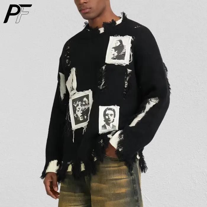 Pull col rond déchiré style rétro américain avec patch portrait, coupe ample, manches longues, décon