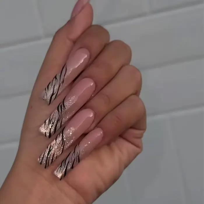 Faux ongles à bordure française dorée, longs cercueil, avec strass, ballerine, couverture complète,