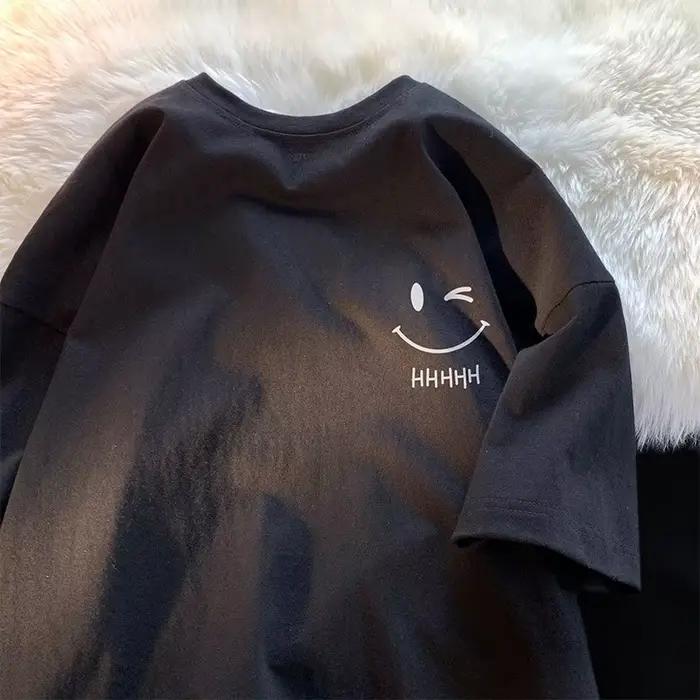 T-shirt à manches courtes pour hommes et femmes, visage souriant, drôle, mode Couple, basique améric