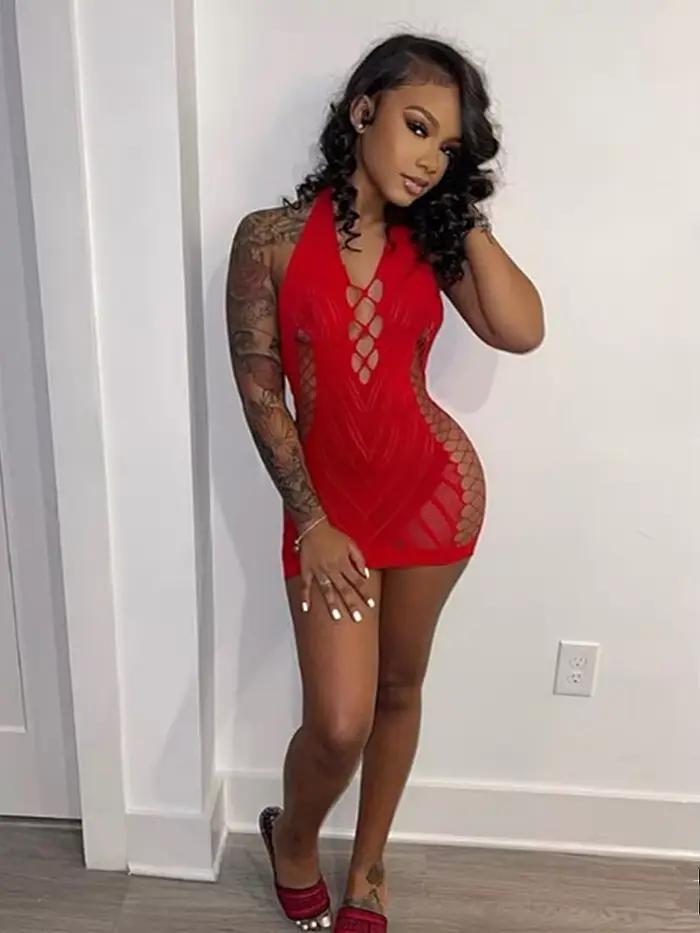 Robe courte dos nu en dentelle transparente pour femmes, chemise de nuit dos nu creux, pyjama sexy,