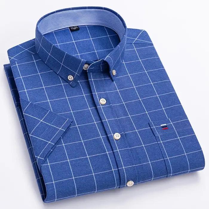 Nouvelle chemise sociale pour hommes à manches courtes 100% pur coton Oxford doux boutonné Plaid for