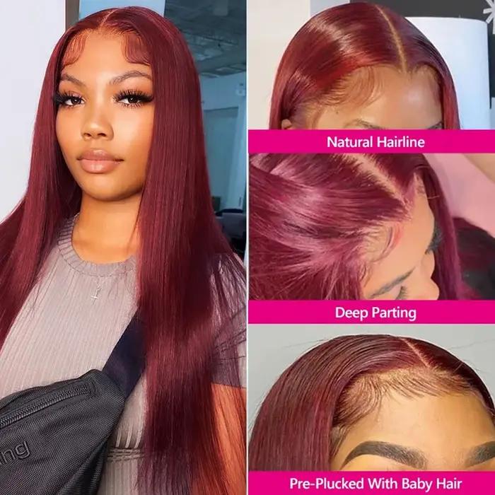13x6 HD Transparent couleur dentelle avant perruques de cheveux humains 99J couleur bordeaux perruqu