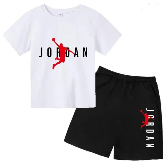 Ensemble deux pièces été 2026 pour enfants : T-shirt blanc et short, imprimé lettres de basket-ball,