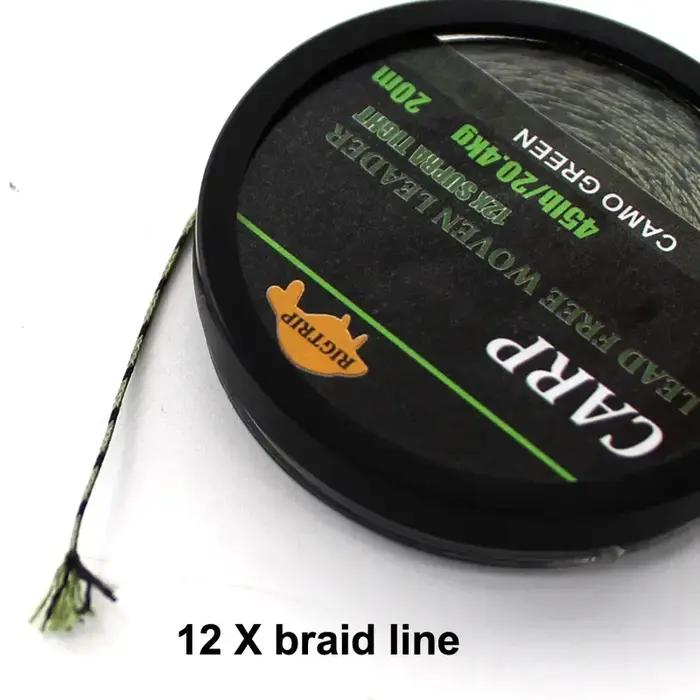 Ligne de Leader de pêche à la carpe, 20m, tissé sans plomb, camouflage vert, noyau sans plomb, 45lb,