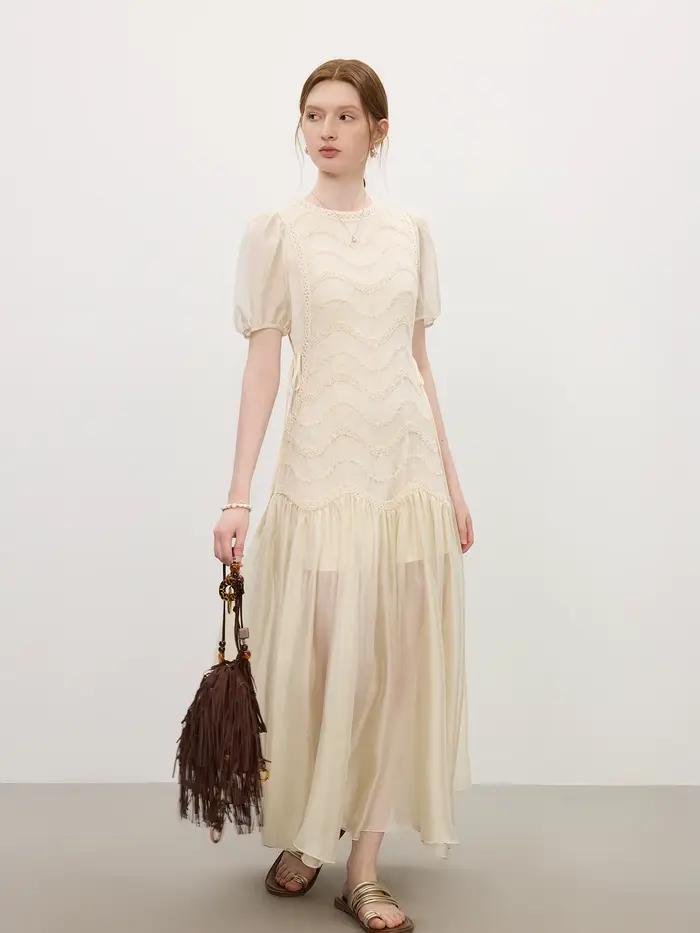 FSLE 2025 été femmes maille broderie robe évider épissage bulle manches taille cravate Y2K à la mode
