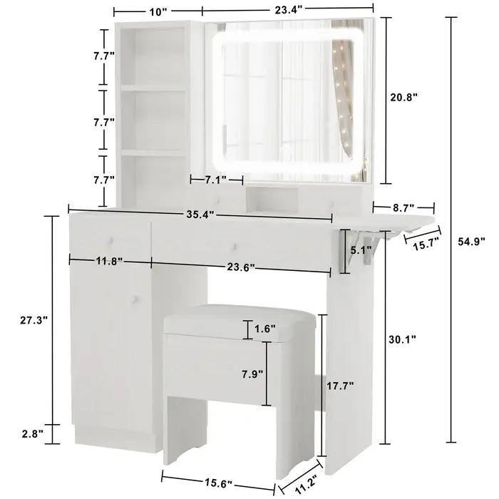 LIKIMIO-Bureau de courtoisie avec miroir 4.2 par LED, prise de courant et armoire, tabouret de range
