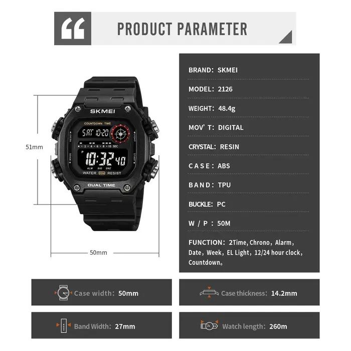SKMEI 2126 montres de sport pour hommes étanche chronomètre alarme LED affichage numérique compte à