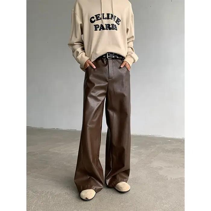 Pantalon droit en cuir PU pour hommes, mode punk, hanche, jambe large, vadrouille, coupe-vent, fjcd