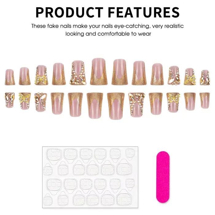 24 pièces lumière luxe presse sur ongles brillant or Style français bec de canard faux ongles plein