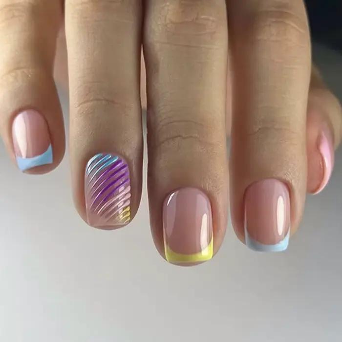 Faux ongles français colorés, 24 pièces, Design à rayures diagonales, courts et ronds, élégants, à p