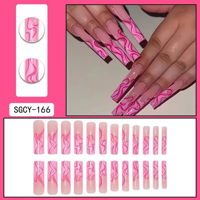 24 pièces de faux ongles Ultra longs en forme de cercueil, à pression, motif français, dégradé et fl