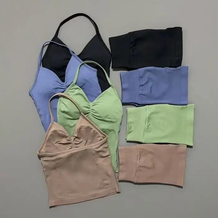 Yoga 2 pièces ensemble de gymnastique femmes dos nu haut à licou taille haute sans couture Shorts co