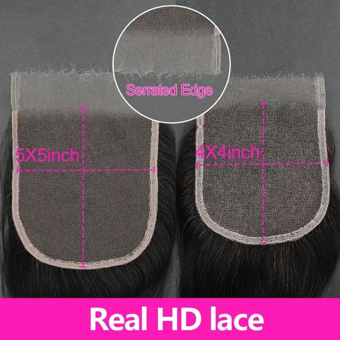Perruque Lace Closure Remy Naturelle, Cheveux Lisses, 5x5, Peaux Fondues, Pre-plucked, pour Femme Af