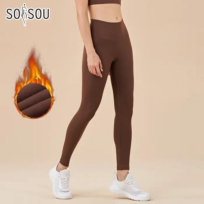 Leggings chauds nylon femmes hiver - Yoga taille invisible poche élastique doux sexy