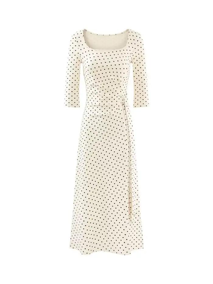 Robe mi-longue française élégante, Vintage, col carré, manches longues, coupe cintrée, cravate à la