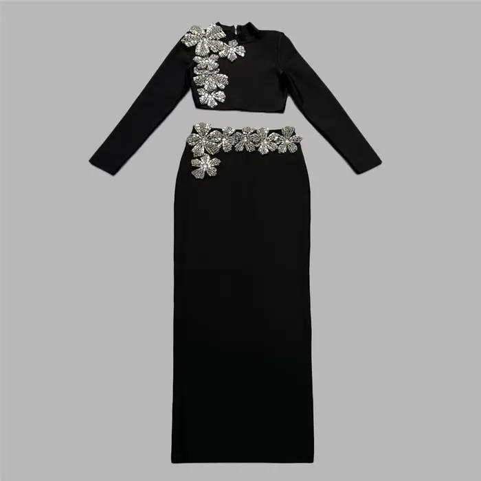 Ensemble deux pièces pour femmes, Sexy, diamants, manches longues, hauts, jupes, vêtements d'automne