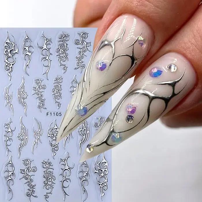 Autocollants métalliques chromés pour Nail Art, 2 pièces, Y2K Punk épines flamme Totem, modèles or a