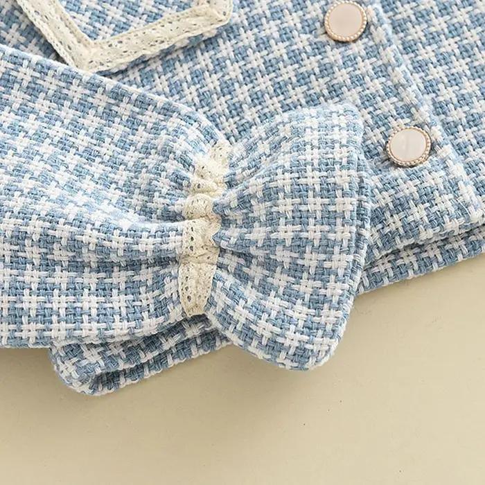 Ensemble 3 pièces à carreaux mille oiseaux pour fille – Manteau à gros revers + jupe gilet + cartabl