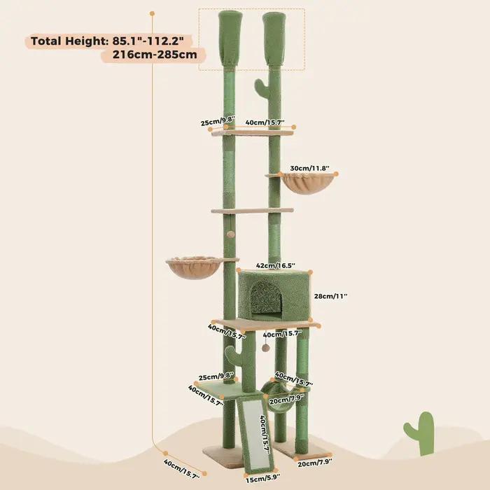 Arbre à chat Cactus du sol au plafond, tour à chat à 7 niveaux, arbre d'escalade pour chat avec hama